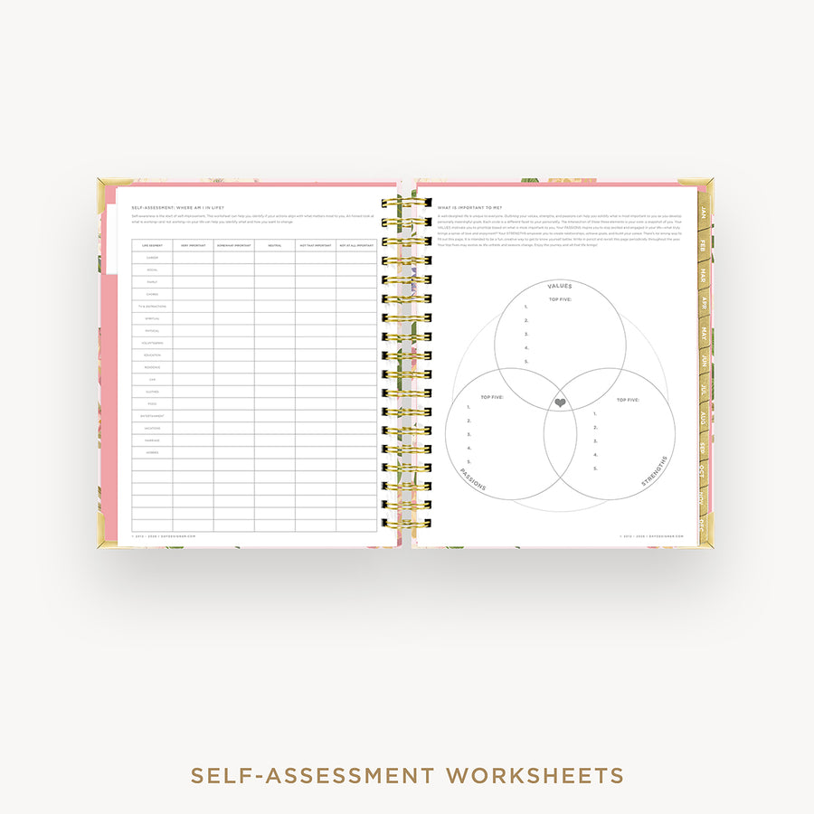 Open planner showing self-assessment worksheets with a Venn diagram on a white background.