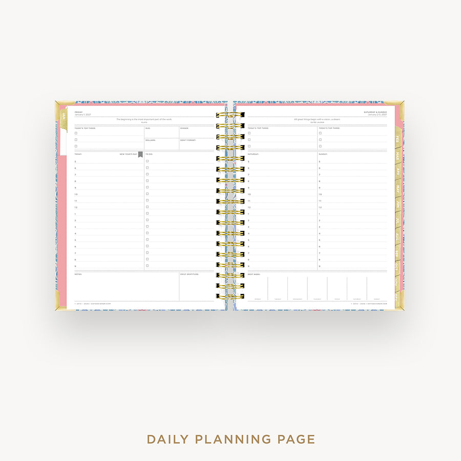 Daily planning page from a planner with a pink border on a white background
