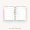 Open planner showing monthly and weekly layout on a white background