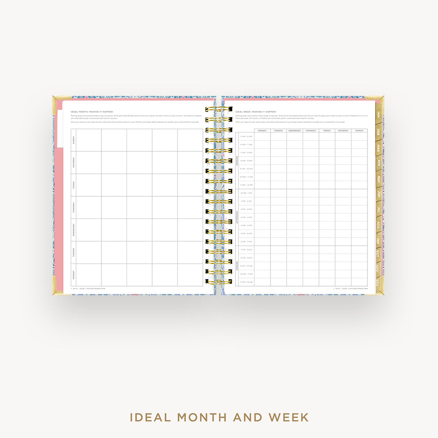 Open planner showing monthly and weekly layout on a white background