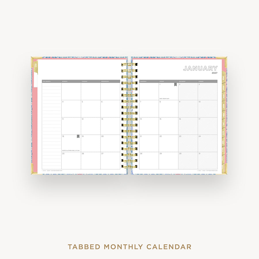 Tabbed monthly calendar with a pink border on a white background