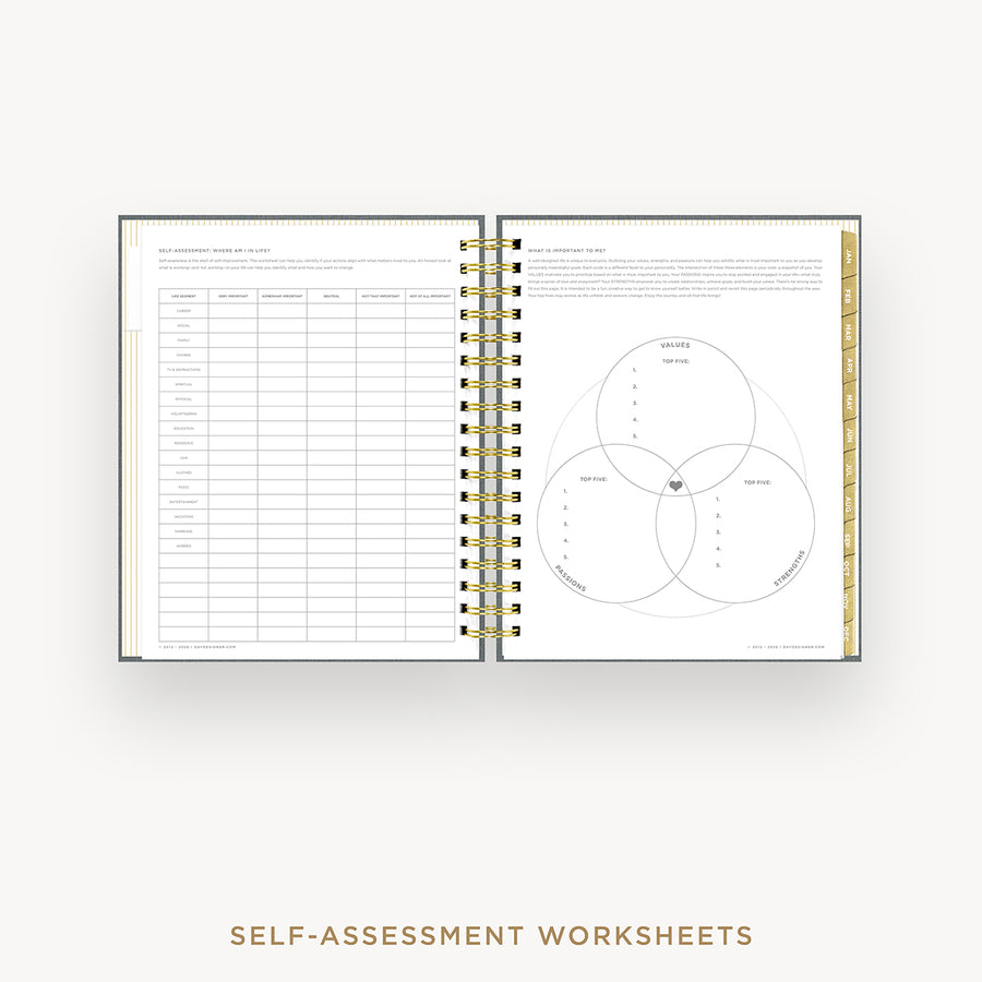 Open wire-bound notebook displaying self-assessment worksheets on a white background.