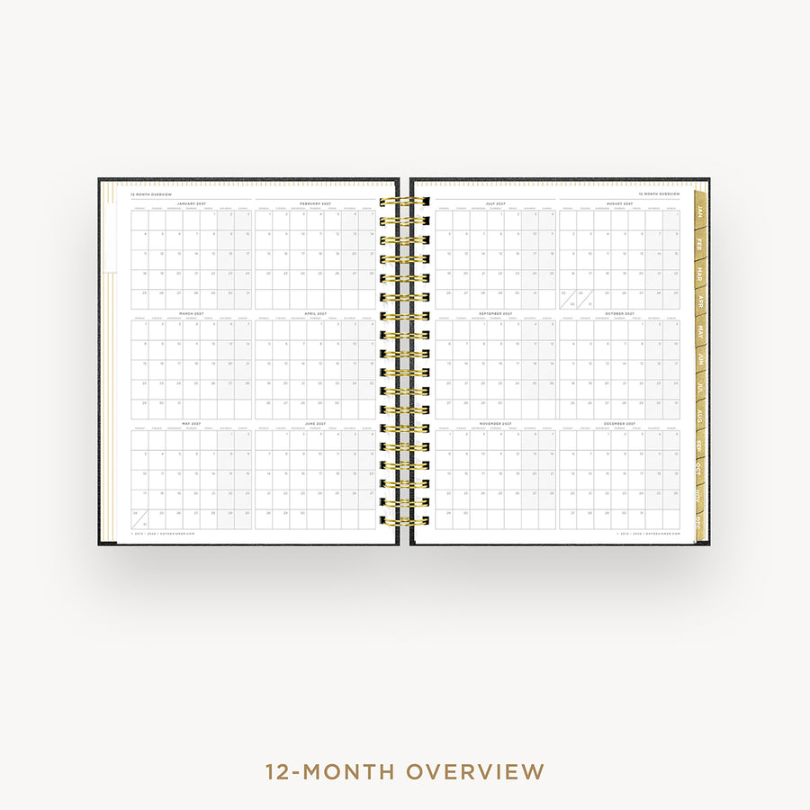 Open planner with grid layout on white background
