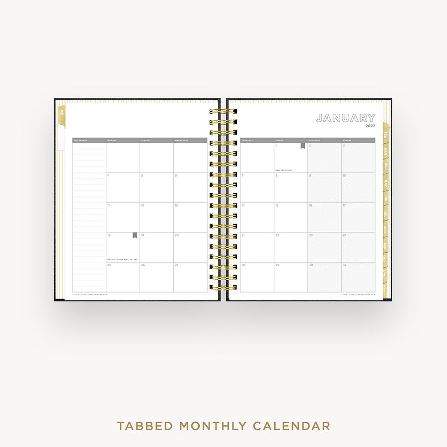 Open tabbed monthly calendar showing January on a white background