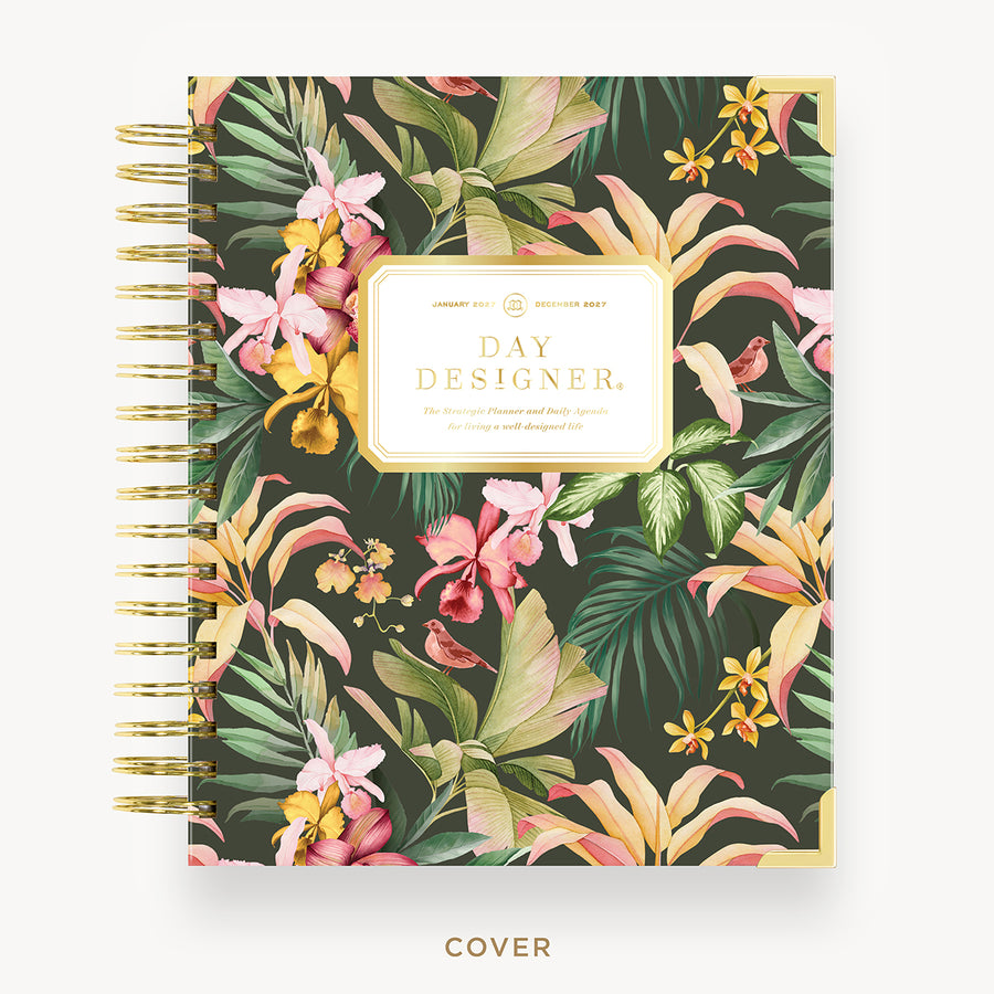 Floral patterned planner with 'Day Designer' branding on a white background