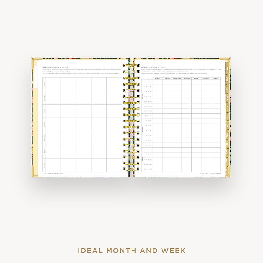 Open planner with monthly and weekly layout on a white background