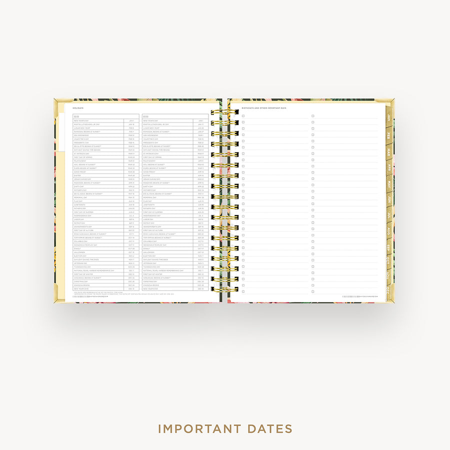 Open planner showing a page titled 'Important Dates' with a gold wire binding.