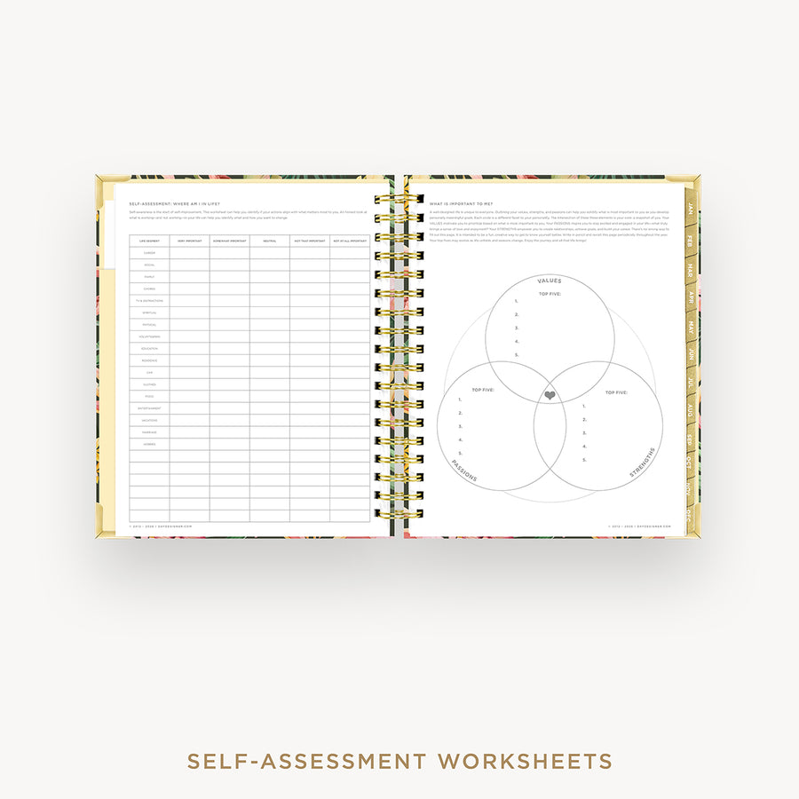 Open book showing self-assessment worksheets with a Venn diagram on a white background.