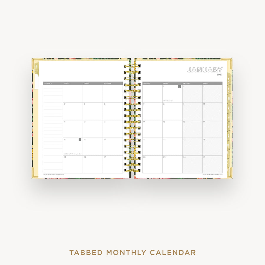 Tabbed monthly calendar open to January on a white background