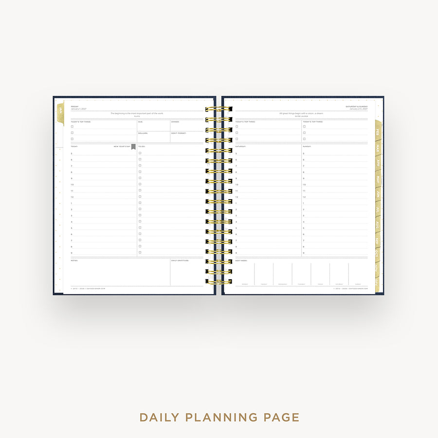 Open daily planner with two pages showing a structured layout on a white background.
