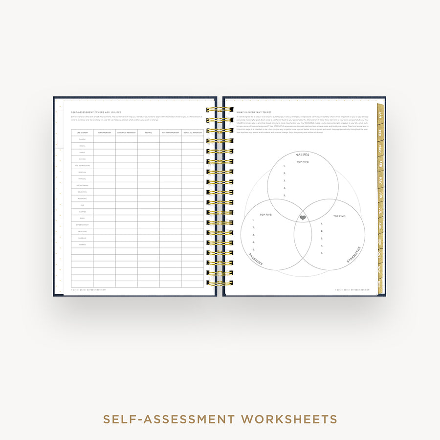 Open wire-bound notebook displaying self-assessment worksheets with a Venn diagram on a white background.