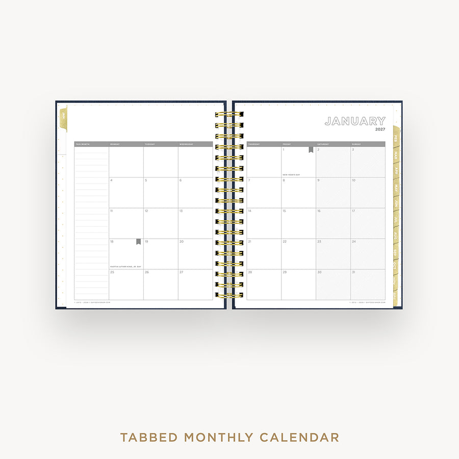 Open tabbed monthly calendar showing January on a white background