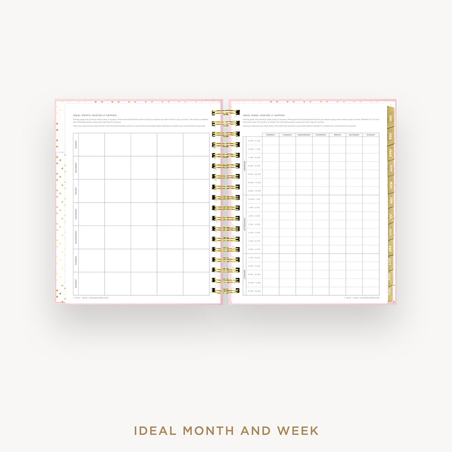 Open planner showing monthly and weekly layout with gold accents on a white background