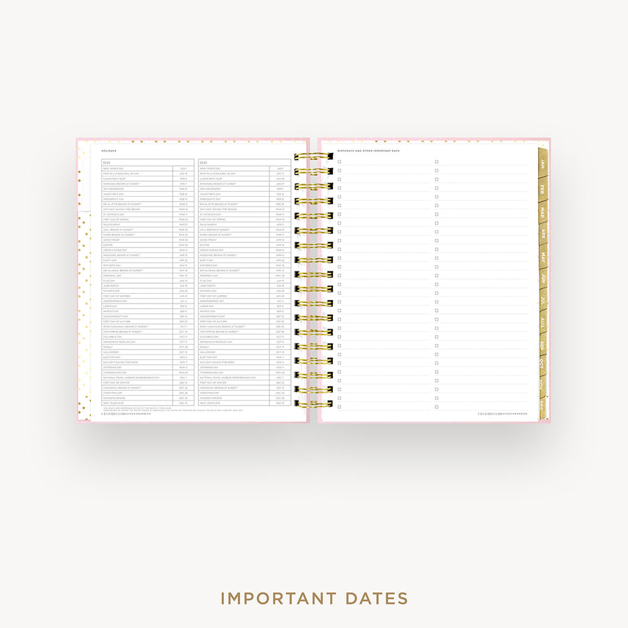 Wirebound-bound planner with 'Important Dates' section on a white background