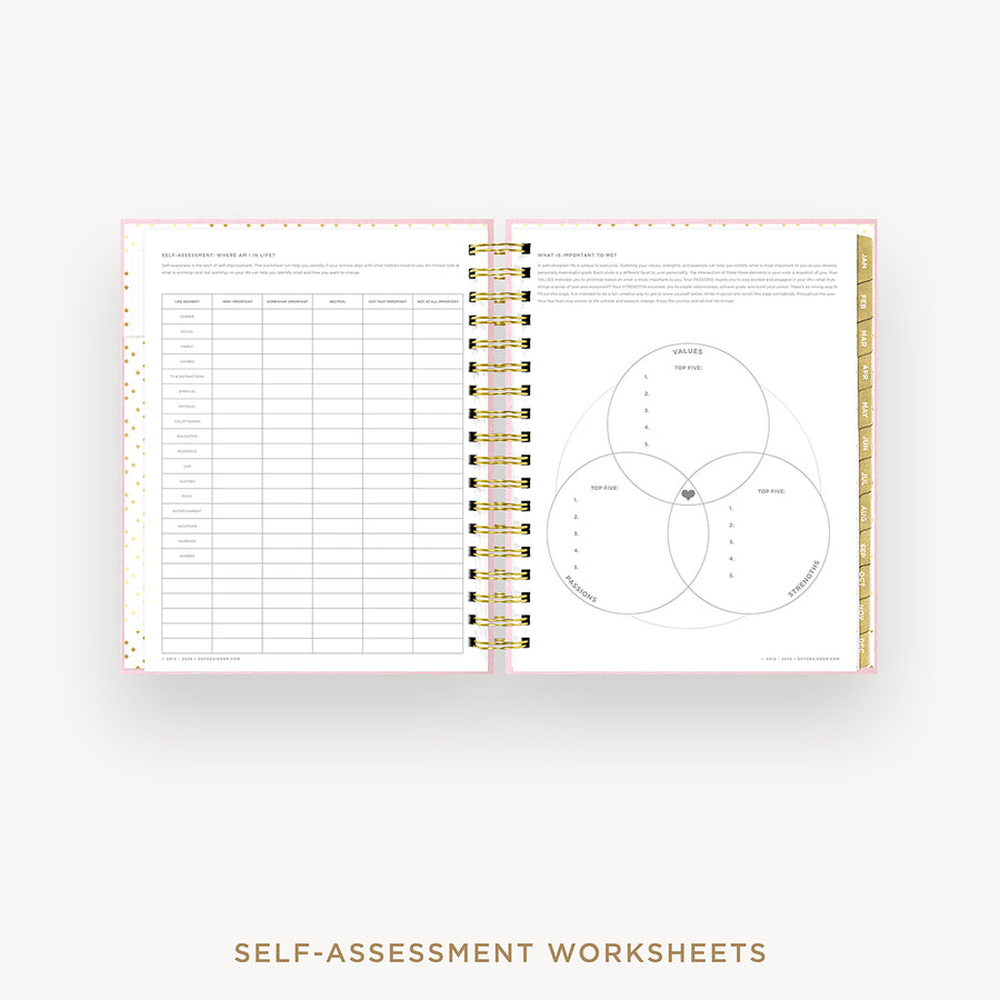 Open book showing self-assessment worksheets with a Venn diagram and checklist on a white background.