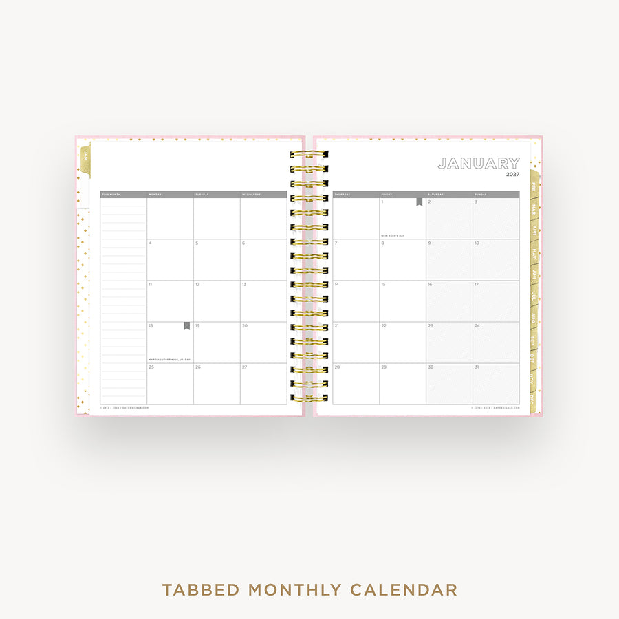 Tabbed monthly calendar open to January on a white background