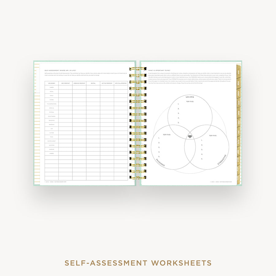 Open spiral-bound notebook displaying self-assessment worksheets with a Venn diagram on a white background.