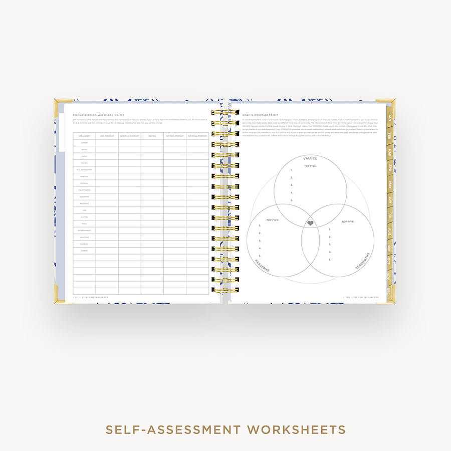 Open wire-bound book displaying self-assessment worksheets on a white background