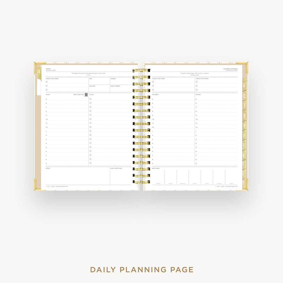 Daily planning page with gold border on a white background