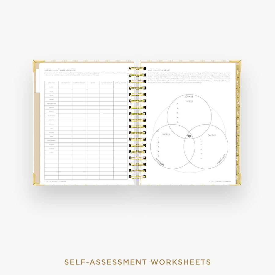Open book showing self-assessment worksheets with a Venn diagram on a white background.