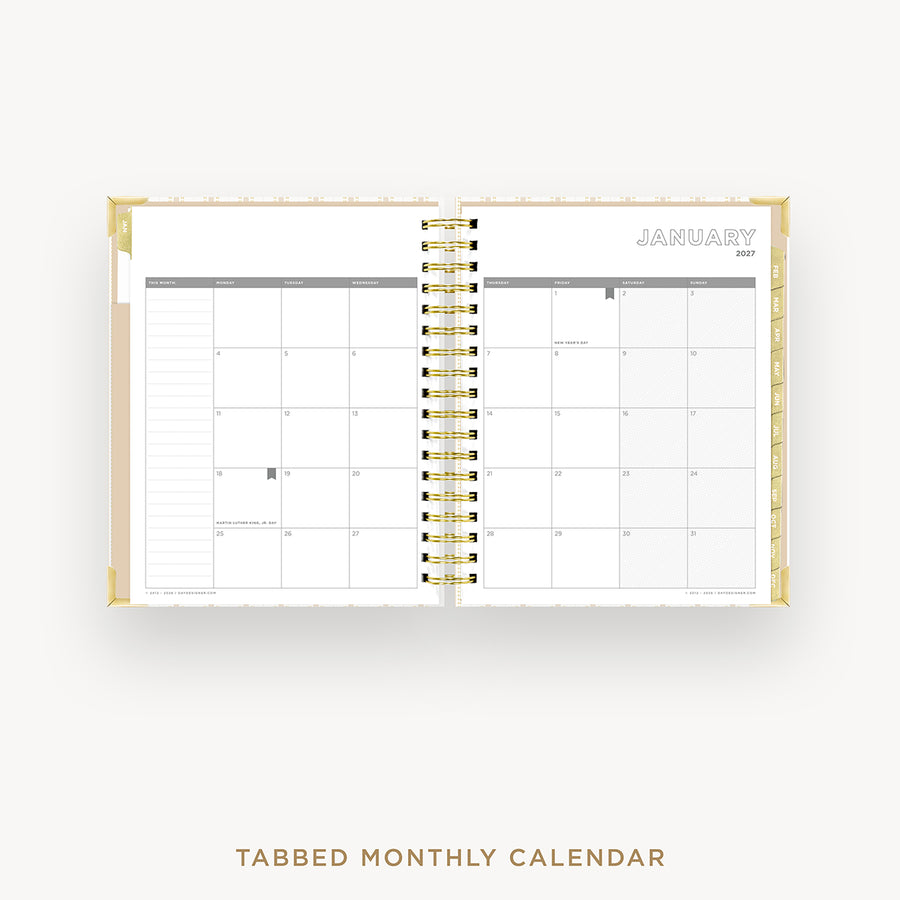 Tabbed monthly calendar with a gold border on a white background