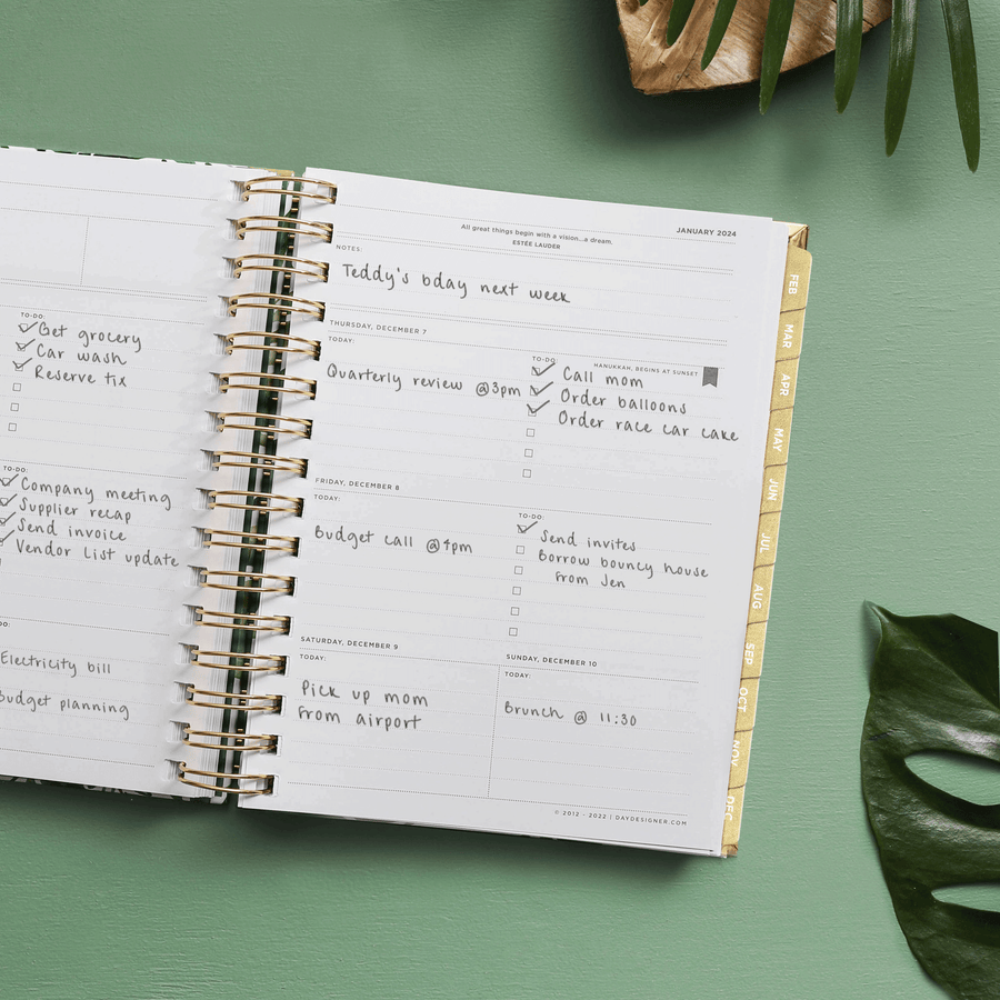 mini weekly planner, open book, written on pages, gold binding and tabs, green background, palm leaves, brown dish