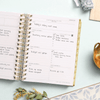mini weekly planner, open book, written on pages, gold binding and tabs, light blue background, cloth, branch