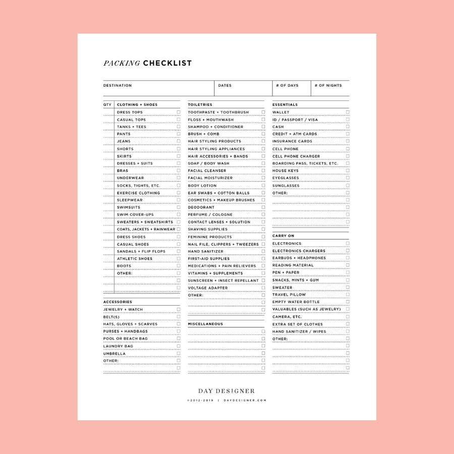 packing checklist printable on a peach background