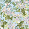 interwoven white and purple blossoms, tropical leaves on light blue background