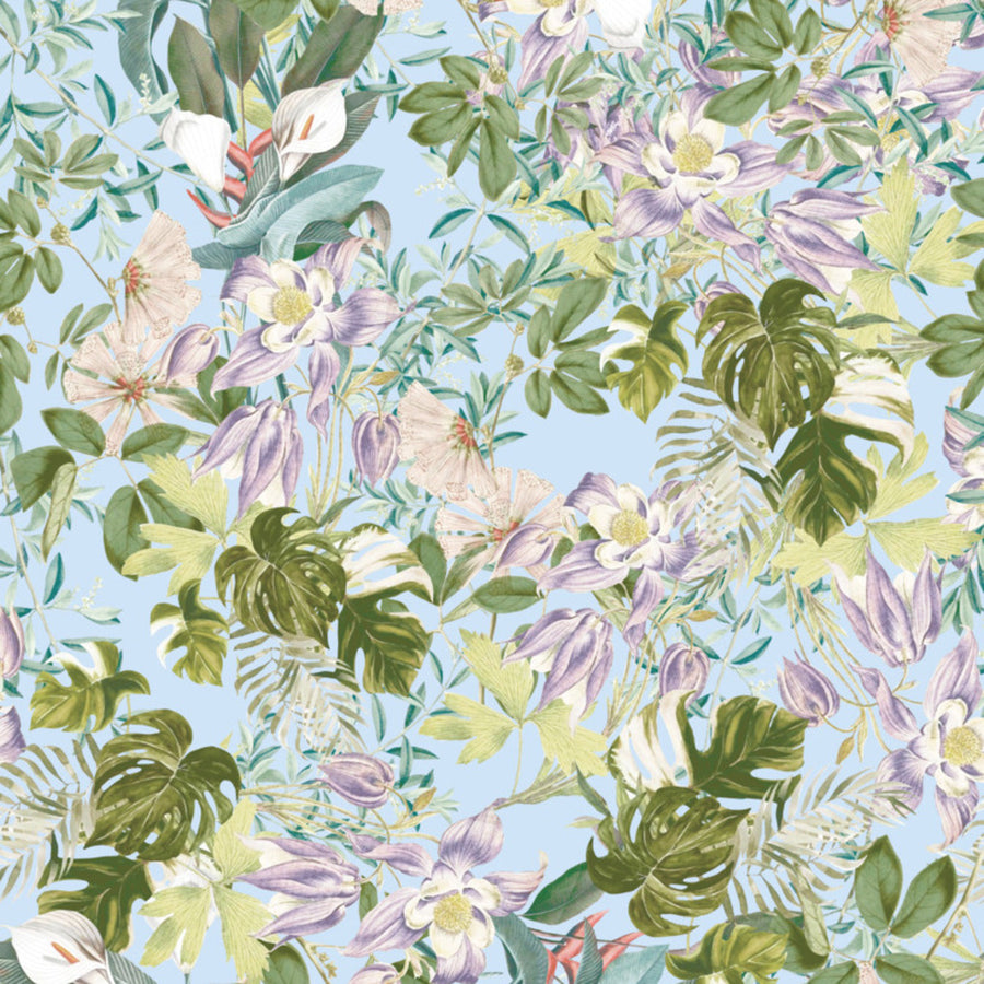 interwoven white and purple blossoms, tropical leaves on light blue background