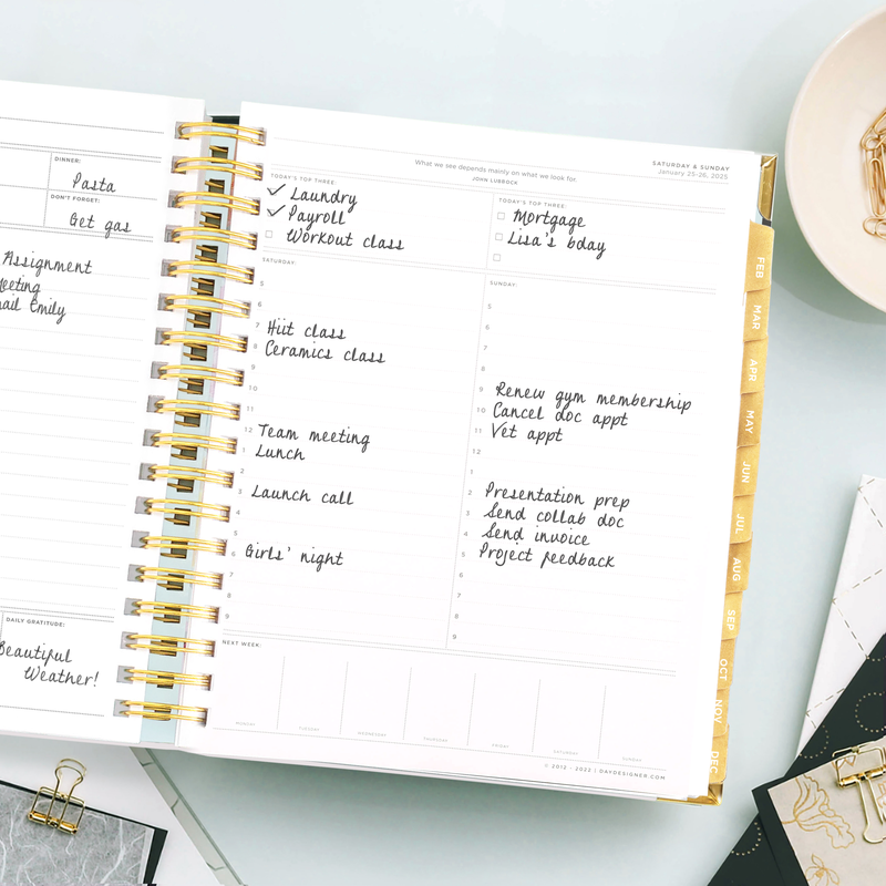 Day Designer 2025 daily planner: Black Stripe opened with writing on it