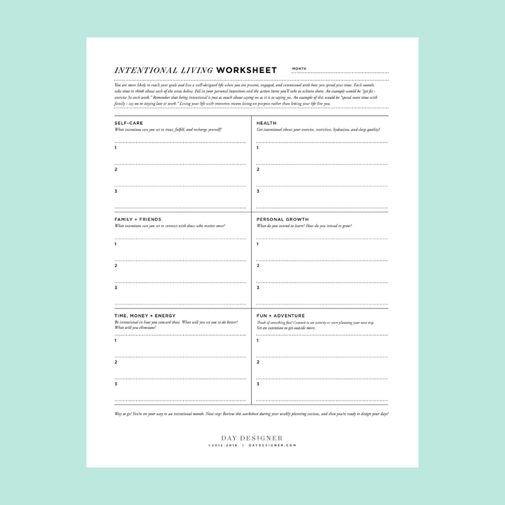 Free Intentional Living Worksheet Printable