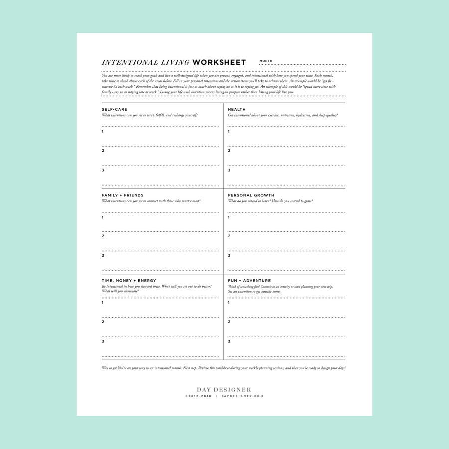 Free Intentional Living Worksheet Printable