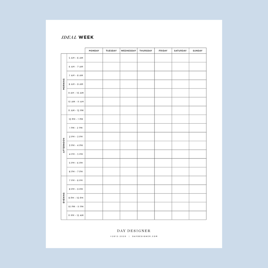 ideal week printable on a light blue background