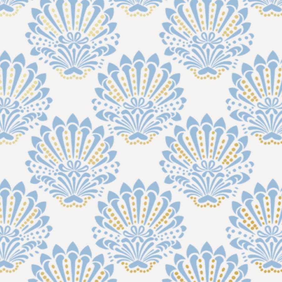 Pattern of blue and gold shell-like shapes on a white background
