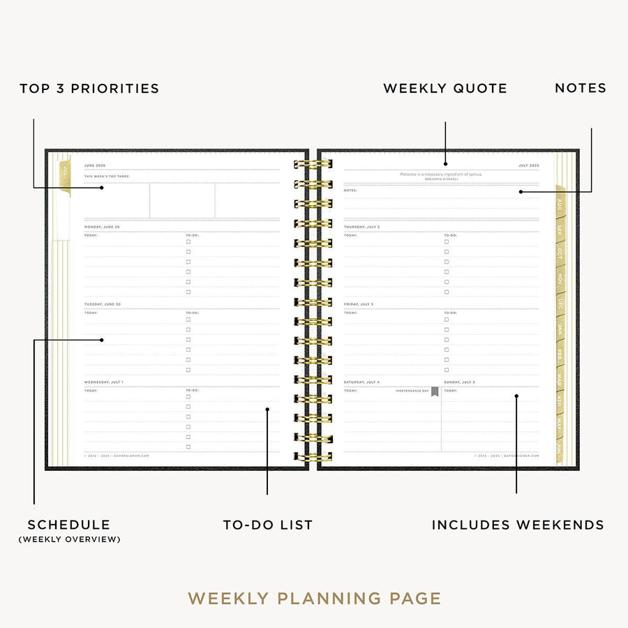Day Designer 2026-27 mini weekly planner: Classic Black Pebble Texture opened with captions of contents