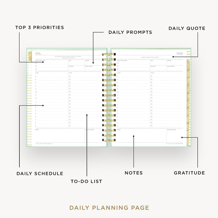 Day Designer 2025-26 daily planner: Sage Bookcloth opened with captions of contents