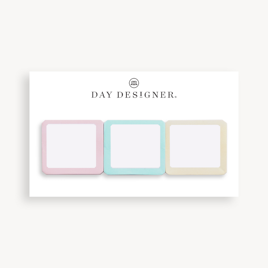 set of three mini square sticky notes in assorted colors on a white background