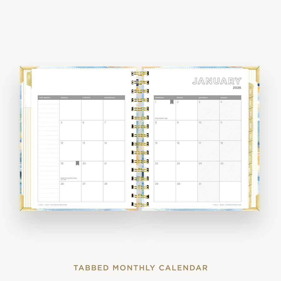 Day Designer 2026 mini weekly planner: sea and sky cover with monthly calendar