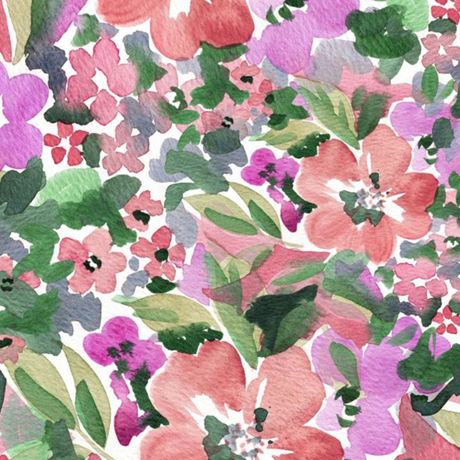 ula bloom pattern, pink, red, purple flowers, green leaves on white background