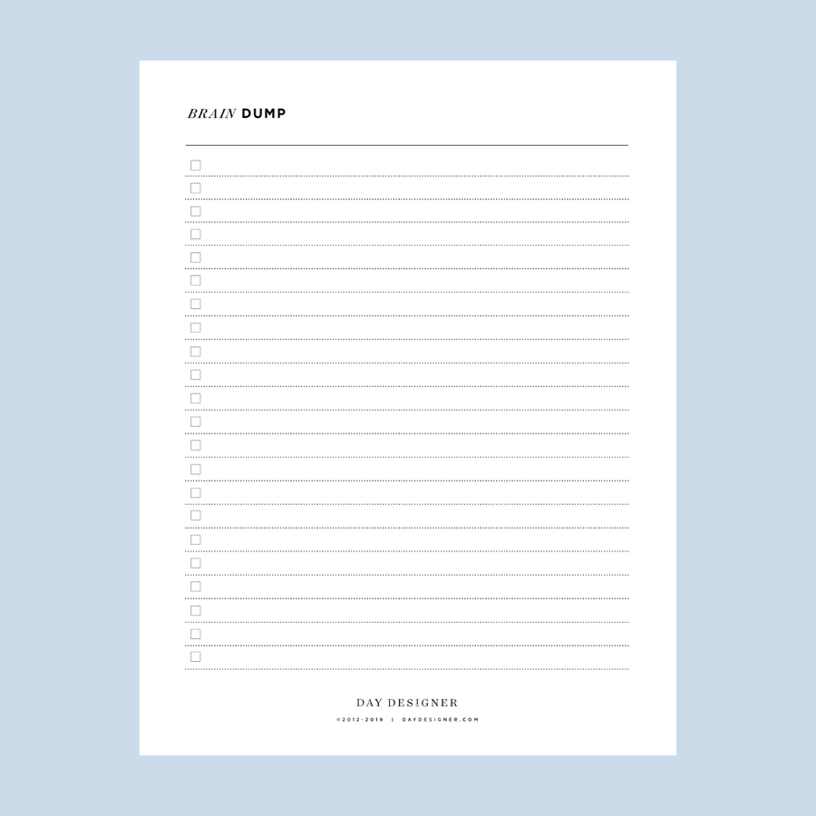 brain dump printable with lined rows and check boxes on a light blue background