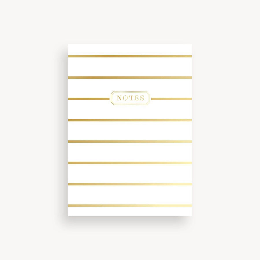 Notepad with gold stripes and 'Notes' label on a white background