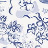 repeated blue swans, flowers, and ribbons pattern on white background