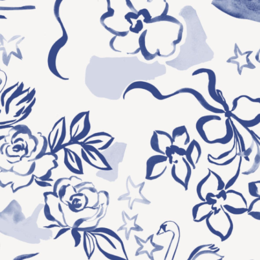 repeated blue swans, flowers, and ribbons pattern on white background