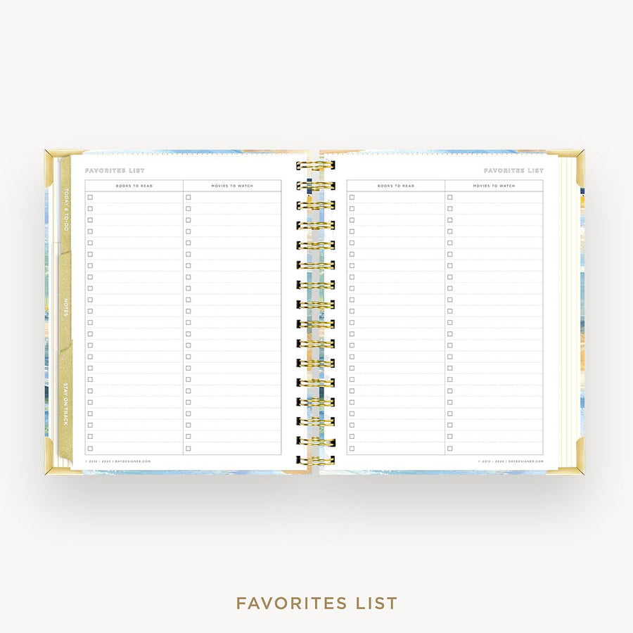 Day Designer 2026 mini weekly planner: sea and sky cover with favorite books and movies pages