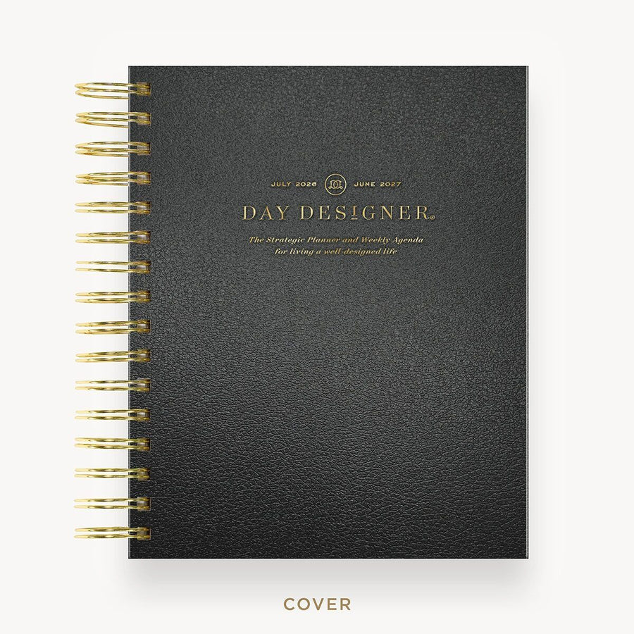 Day Designer 2026-27 mini weekly planner: Classic Black Pebble Texture hard cover, gold wire binding