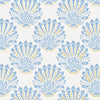 blue and gold shell repeated blockprint pattern on white background
