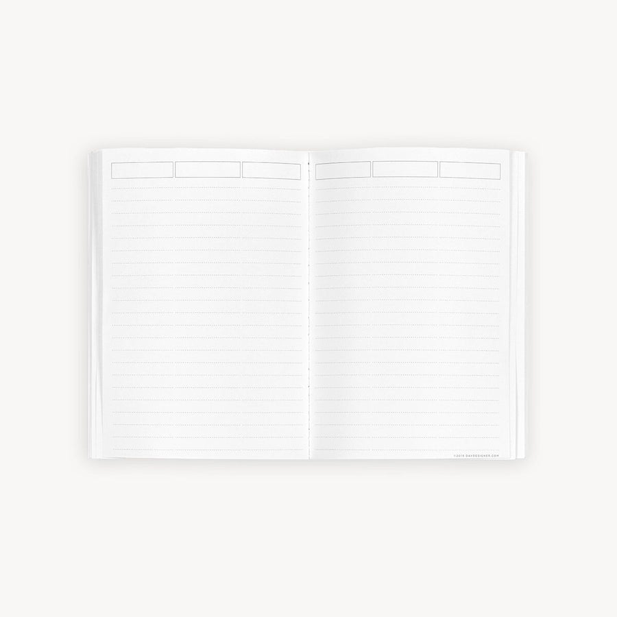 White open notebook with lined notes pages on a white background