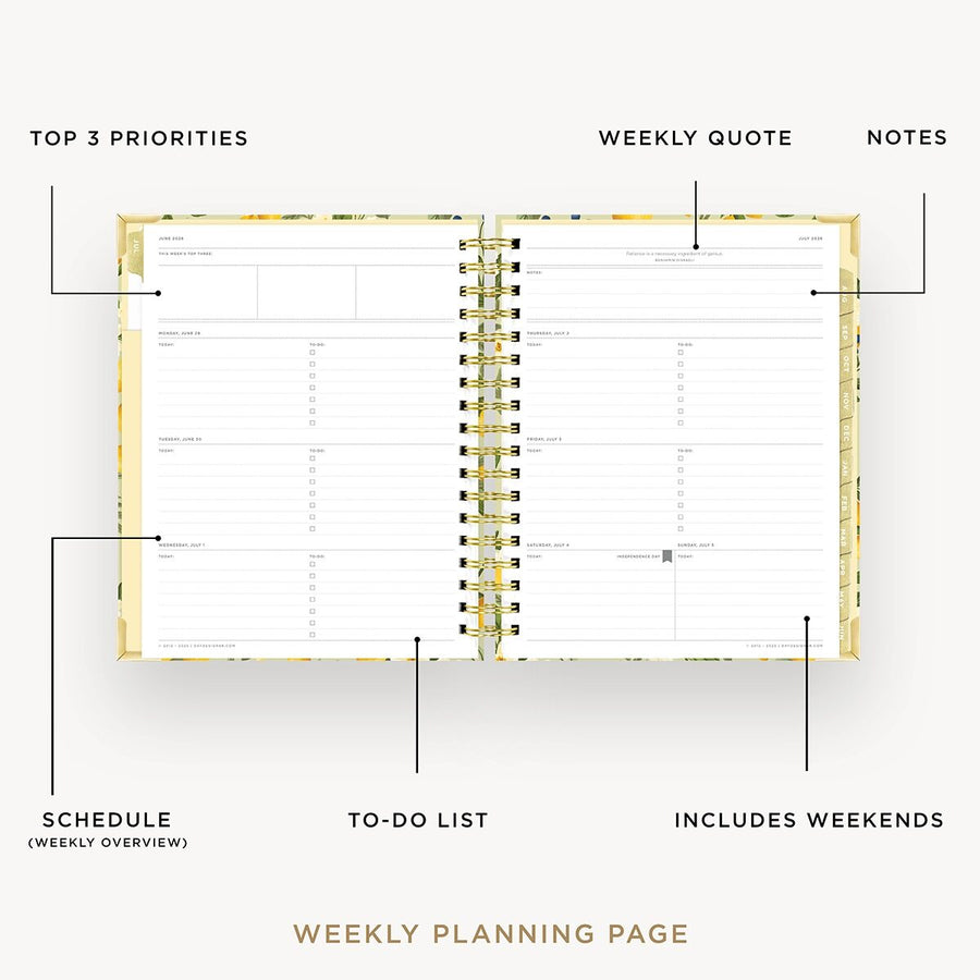 Day Designer 2026-27 weekly planner: Lemon Floral Sage opened with captions of contents