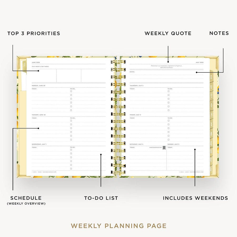 Day Designer 2026-27 mini weekly planner: Lemon Floral Sage opened with captions of contents